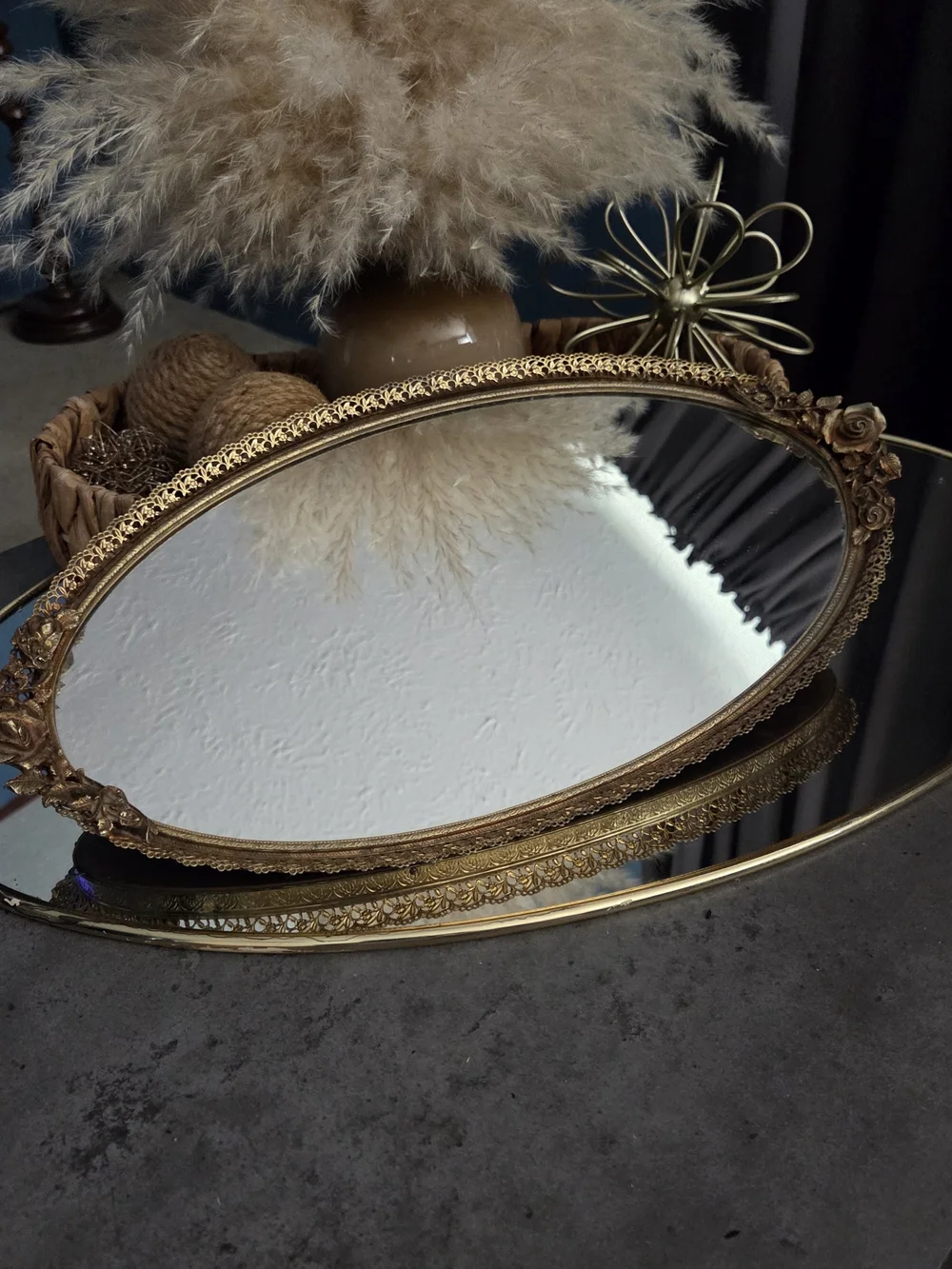 1960s 24 Karat Gold Plated Matson Golden Rose Ormolu Vintage Vanity Mirror Tray